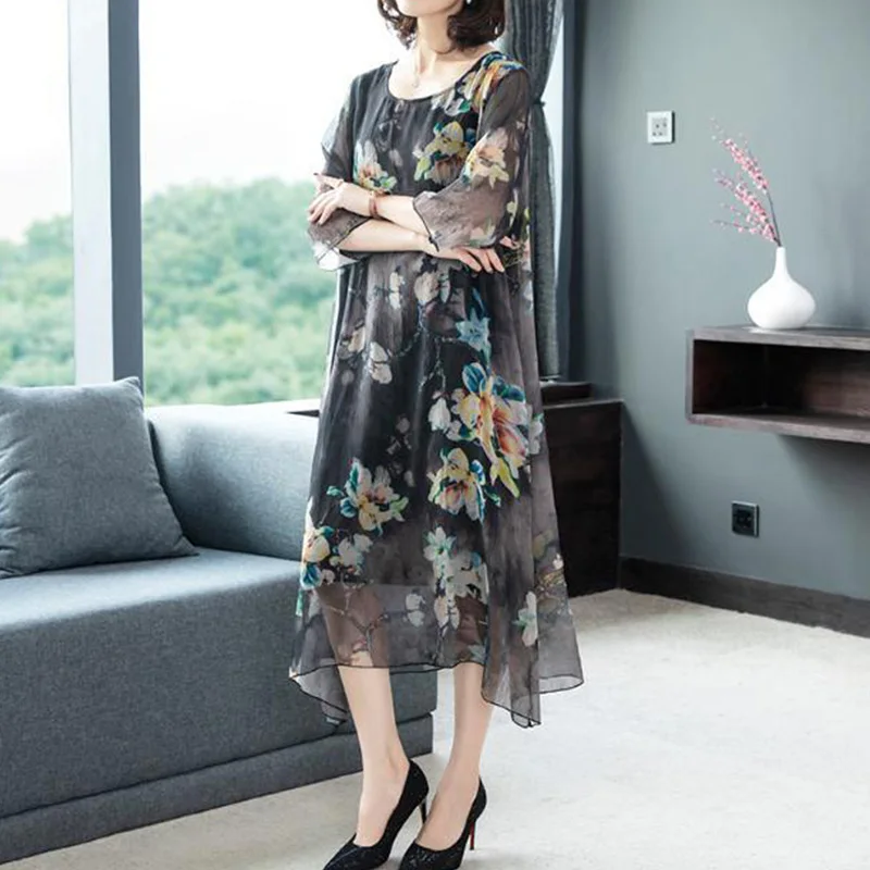 Spring Summer Women\'s New Chiffon Vintage Floral Print Loose Round Neck Fashion Net Yarn Half Sleeve A-line Mid Length Dress