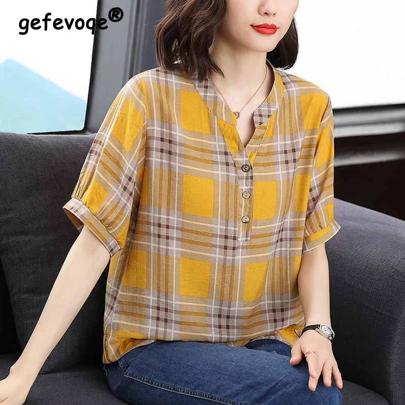 Women\'s Clothing Plaid Print Simple Casual Blouse Summer Fashion V Neck Short Sleeve Loose Shirt Cotton Comfortable Pullover Top