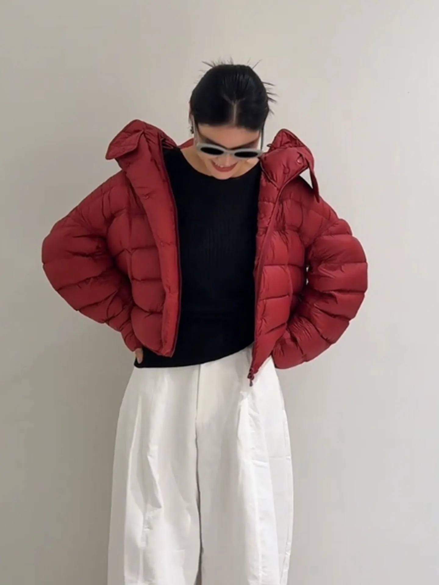 Red Hooded ort down Jaet Women's 2025 Winter New Sle Bread Coat High Waist Polyester Fiber White Du down Filling