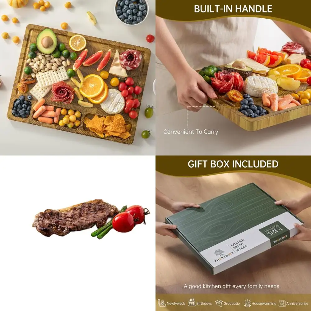 

17 x 13 Thick End Grain Teak Charcuterie Board with Handle for Kitchen Prep and Serving