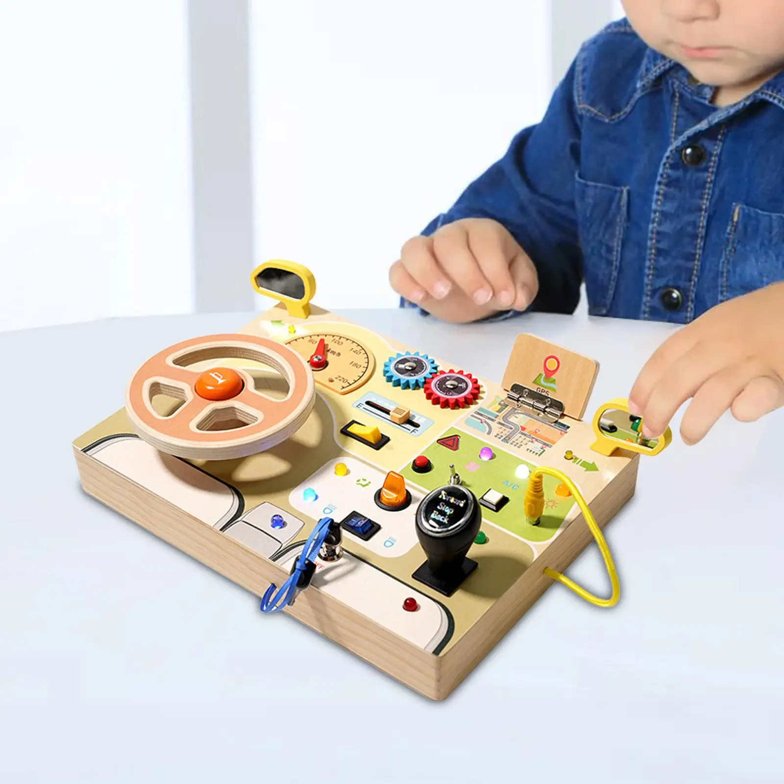 Montessori Switch Busy Board para Crianças, Jogo de Jogo Indoor, Volante Analógico, Brinquedo Habilidade de Aprendizagem, Luzes