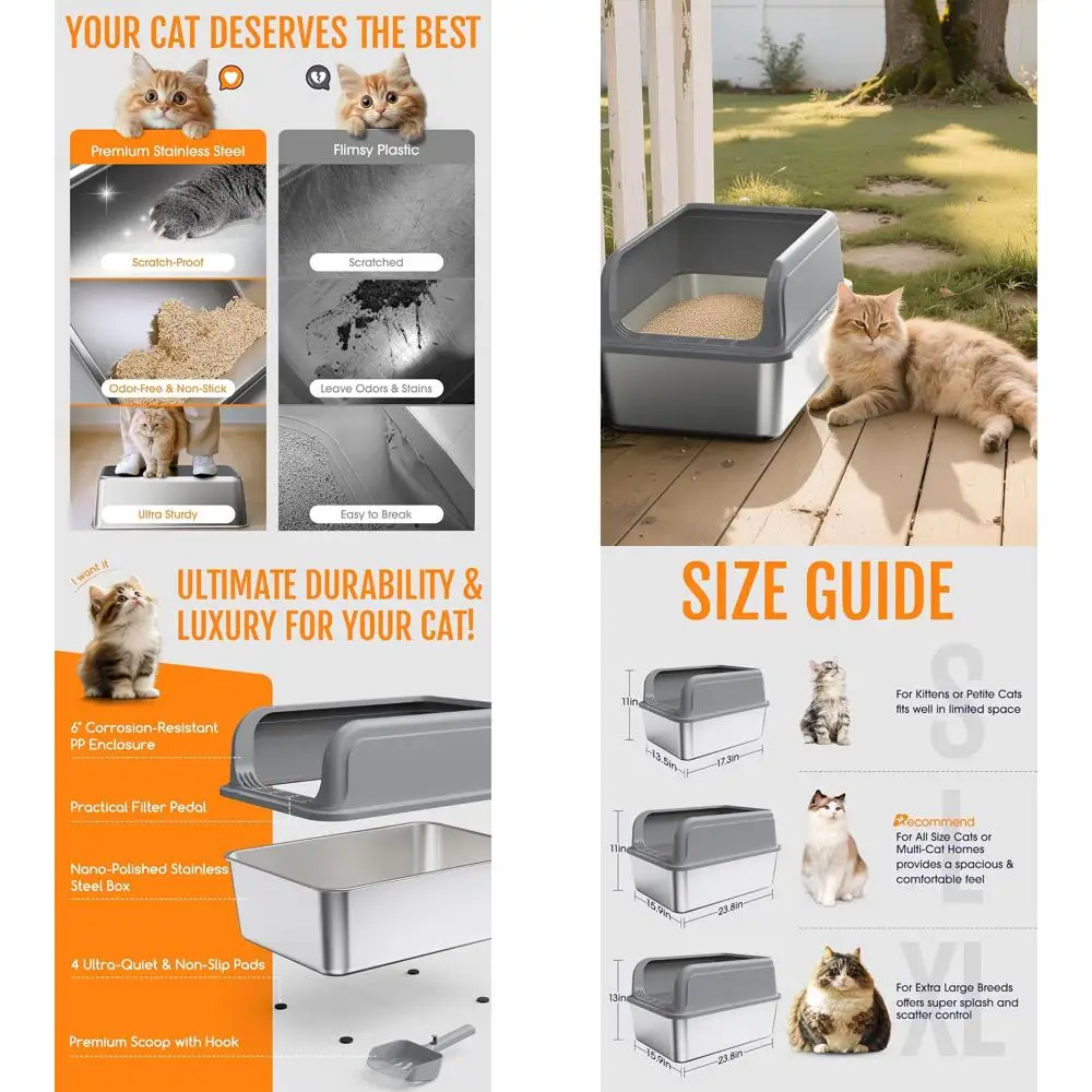 

Extra Large Grey Metal Cat Litter Box with Top Entry, Anti-Leakage, Easy Clean, Non-Sticky, Includes Scoop
