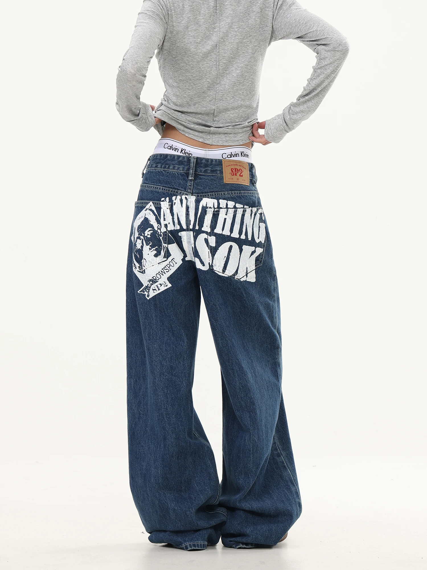 

Orderstage Американские джинсы с принтом в стиле ретро, женские свободные прямые повседневные длинные брюки с завышенной талией, модные брюки, удобная посадка