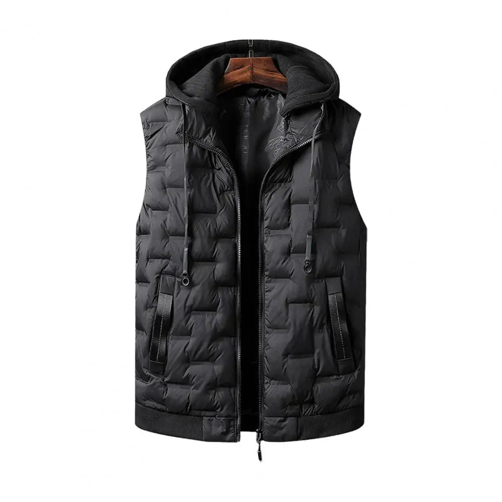 

Men Cotton Vest with Removable Hood Drawstring Decoration Sleeveless Waistcoat Solid Color Zipper Placket Vest Coat