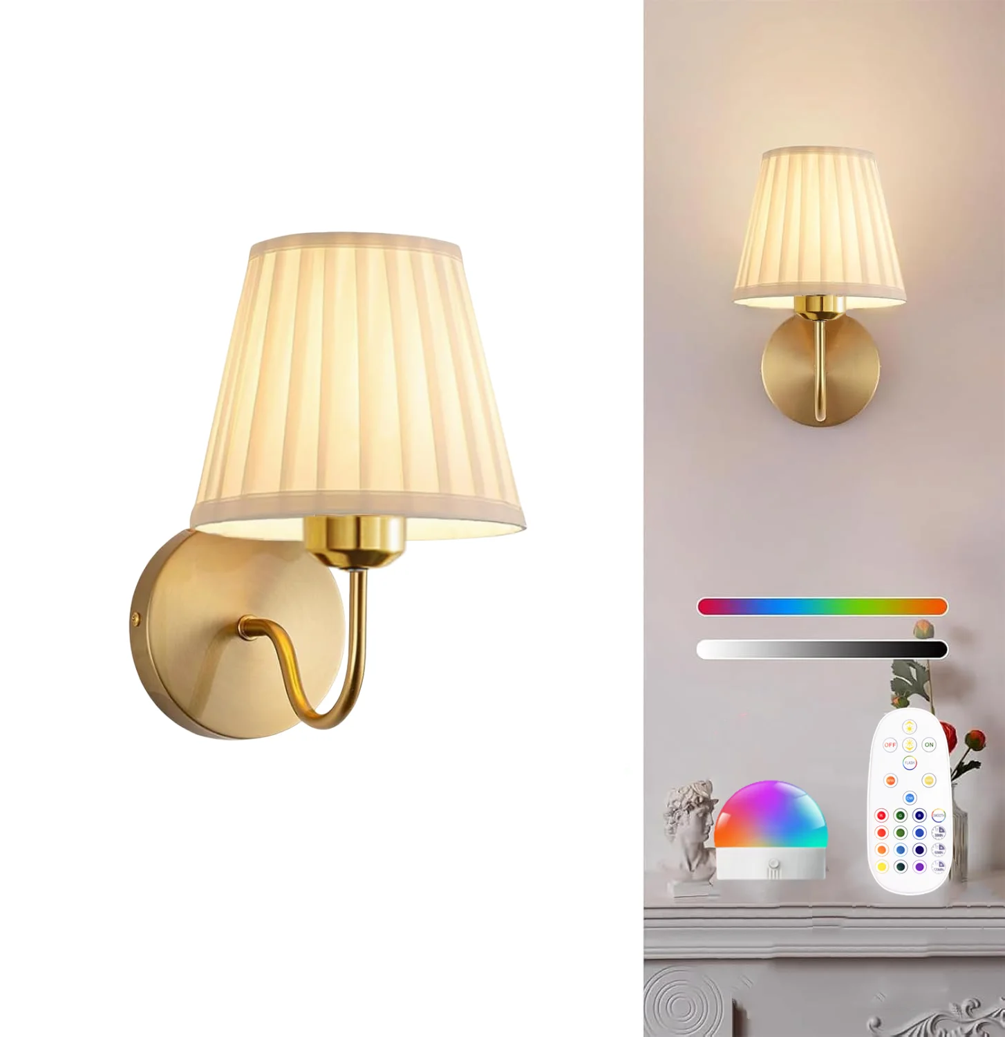 Wandlamp op batterijen, draadloze oplaadwandlamp met afstandsbediening, dimbaar, 15Rgb, timer, geschikt voor woonkamer, slaapkamer, entree, goudkleur
