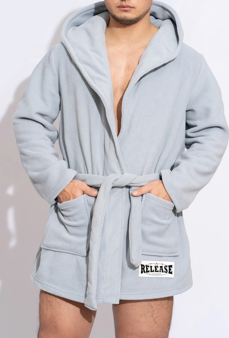 Men\'s Bathrobe Short Style Thick Comfortable Soft Plush Fleece Solid Color Pajama Casual Home Warm Bath Robes