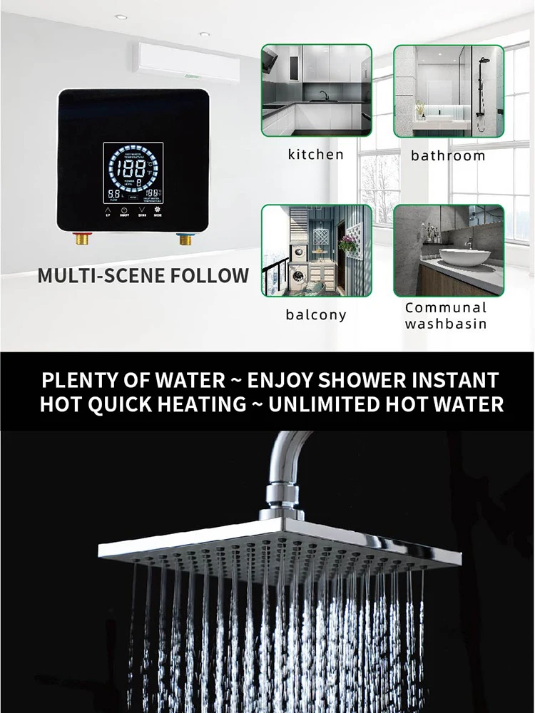 110V/220V Instant Water Heater Bathroom Kitchen Wall Mounted Electric Water Heater LCD Temperature Display with Remote Control