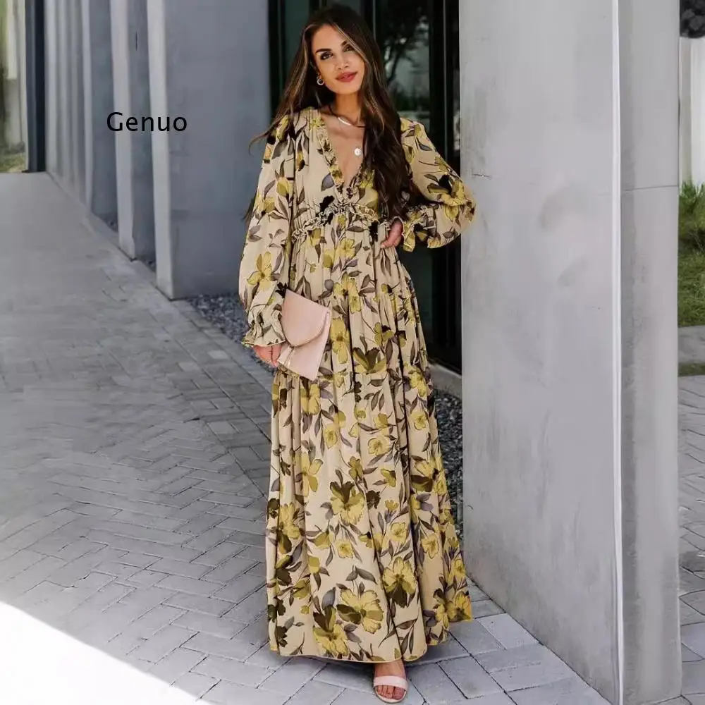 2025 ربيع الموضة الجديدة للسيدات زهرة مطبوعة نمط أنيق مساء فستان طويل المرأة فستان بأكمام طويلة