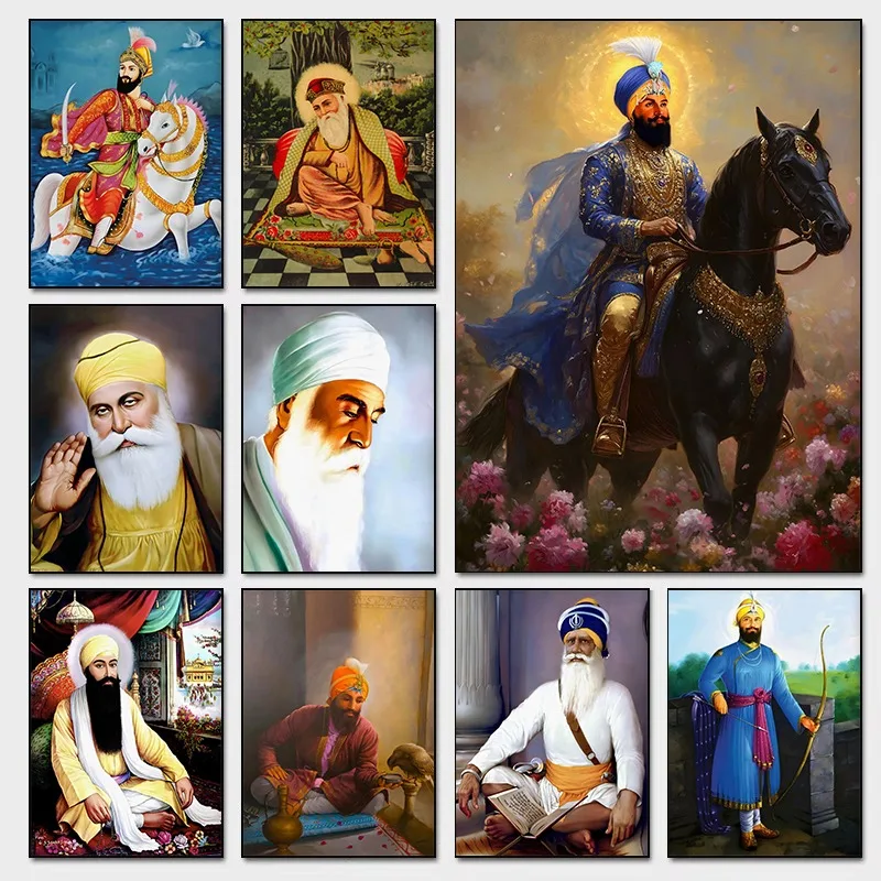 Sikh Impression d'art historique de Guru Nanak Dev, Guru Ram Das, Baba Deep Singh & Maharaja Bhupinder Singh Affiche dévotion vintage
