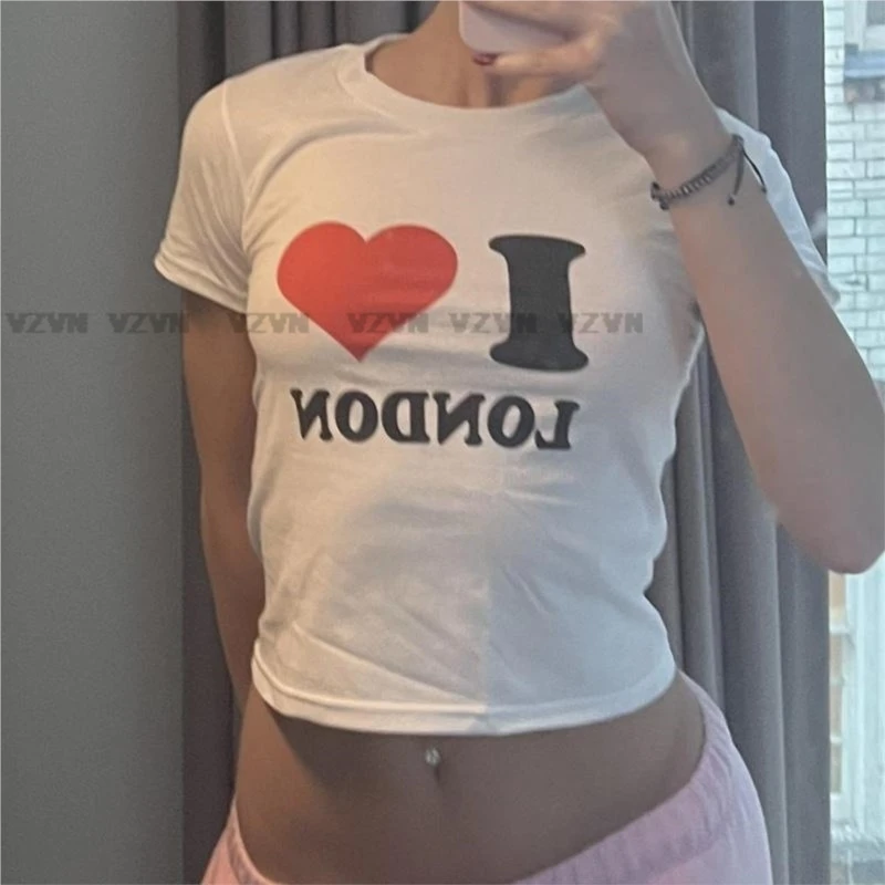 Girls Summer vintage Crop Tops Harajuku Punk I Love London Lettrer T Shirt Short Sleeve fashion Clothes y2k emo o-neck Baby tees