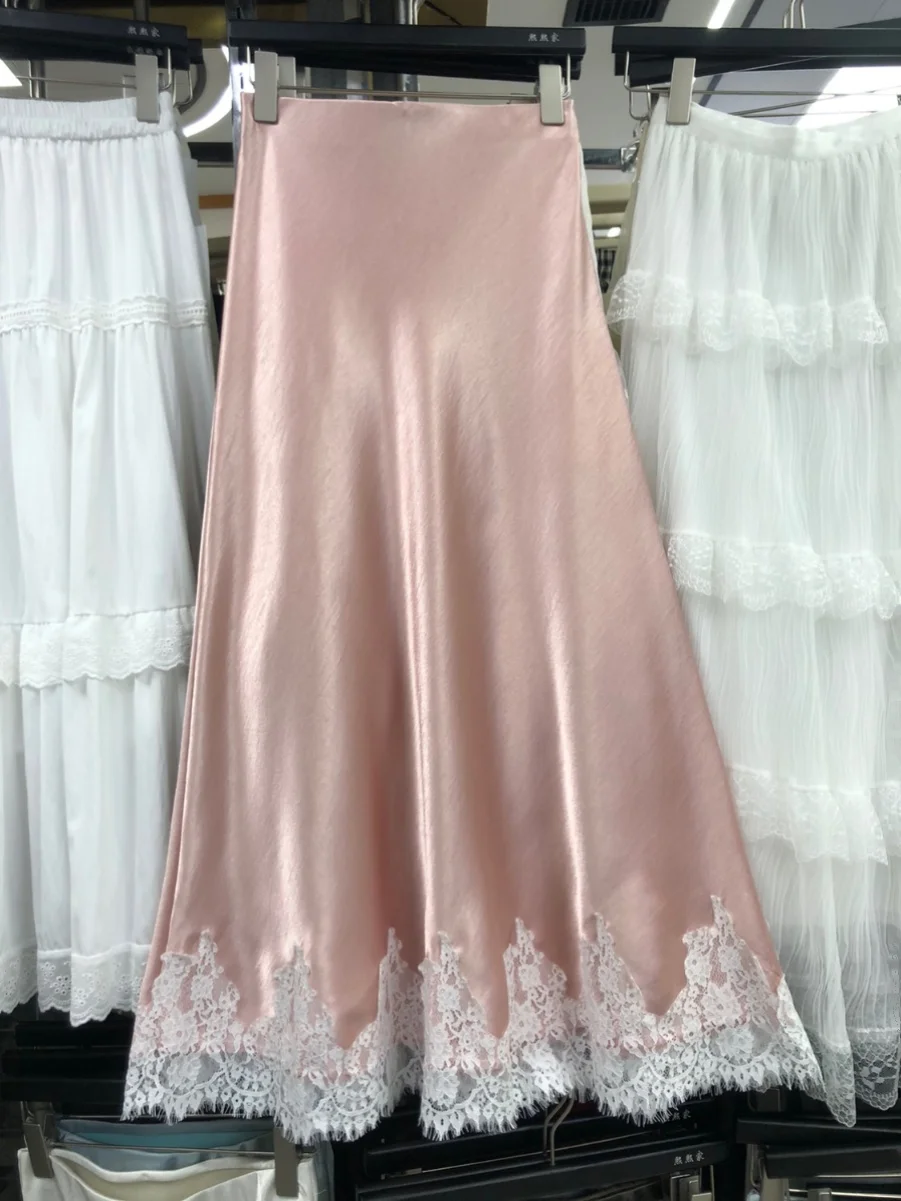 

Новая женская весенняя юбка-миди А-силуэта из атласа с кружевными вставками и драпировкой, имитирующая хвост русалки