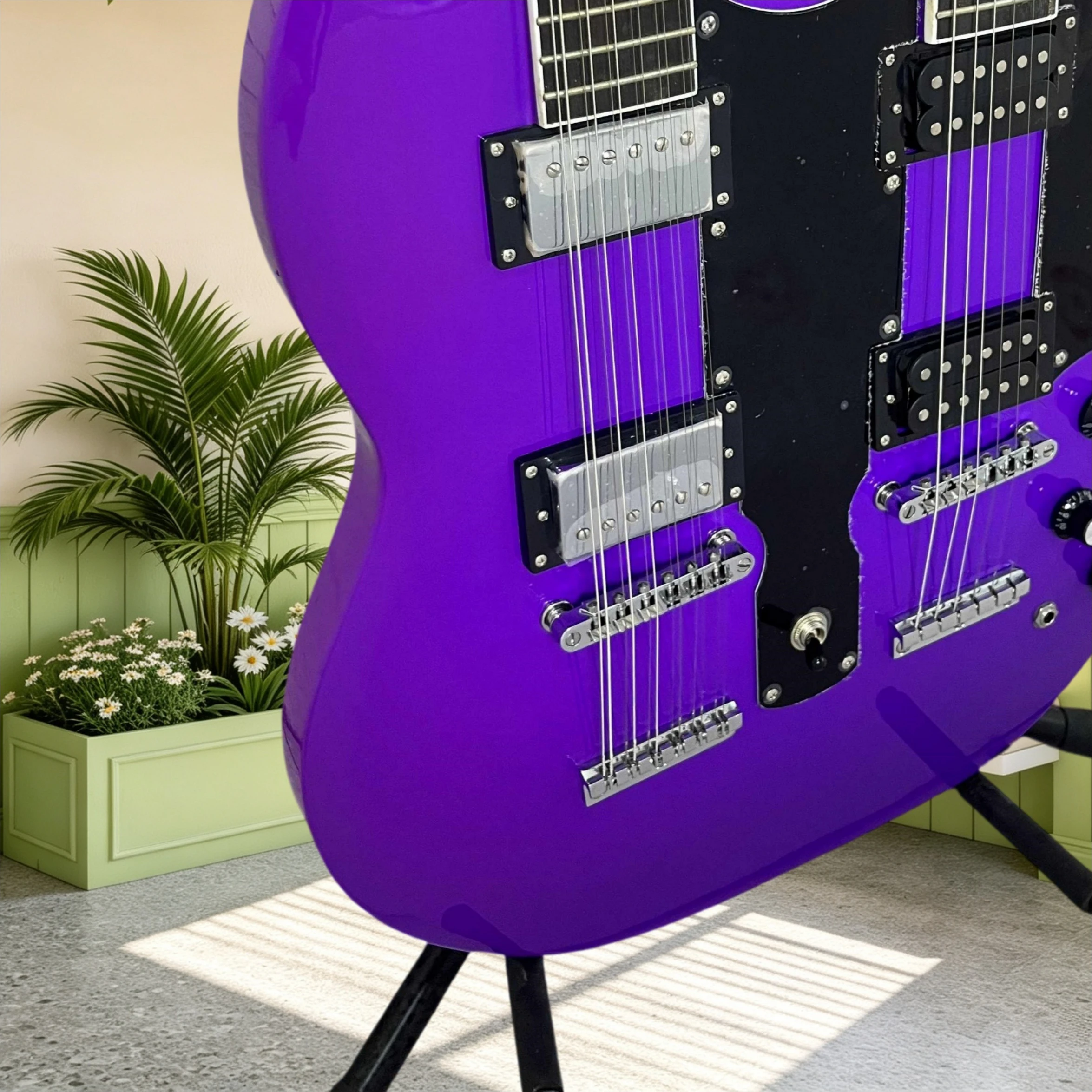 SGA Purple Double Neck Electric Guitar 12 String Plus 6 String Purple Gloss Trapezoid Inlay Black Pickguard Rock Blues Hard Rock