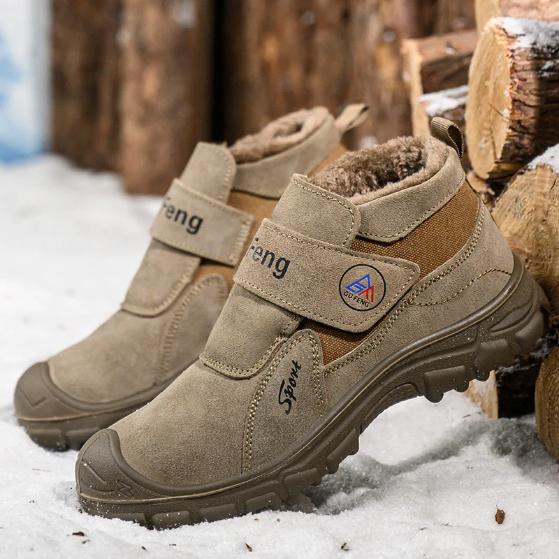 Men Winter Fur Lined Steel Toe Safety Boots Hook Loop Warm Plush Anti Slip Construction Protective Work Shoes Safety Footwear