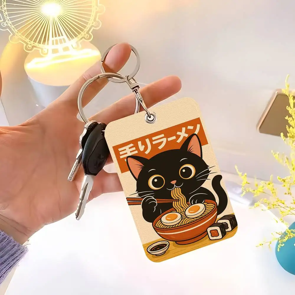 

1pc Vintage Illustrator Japan Ramen Card Case Keychain Access Card Bag Key Tag Ring Leather Card Holder Key Ring Access