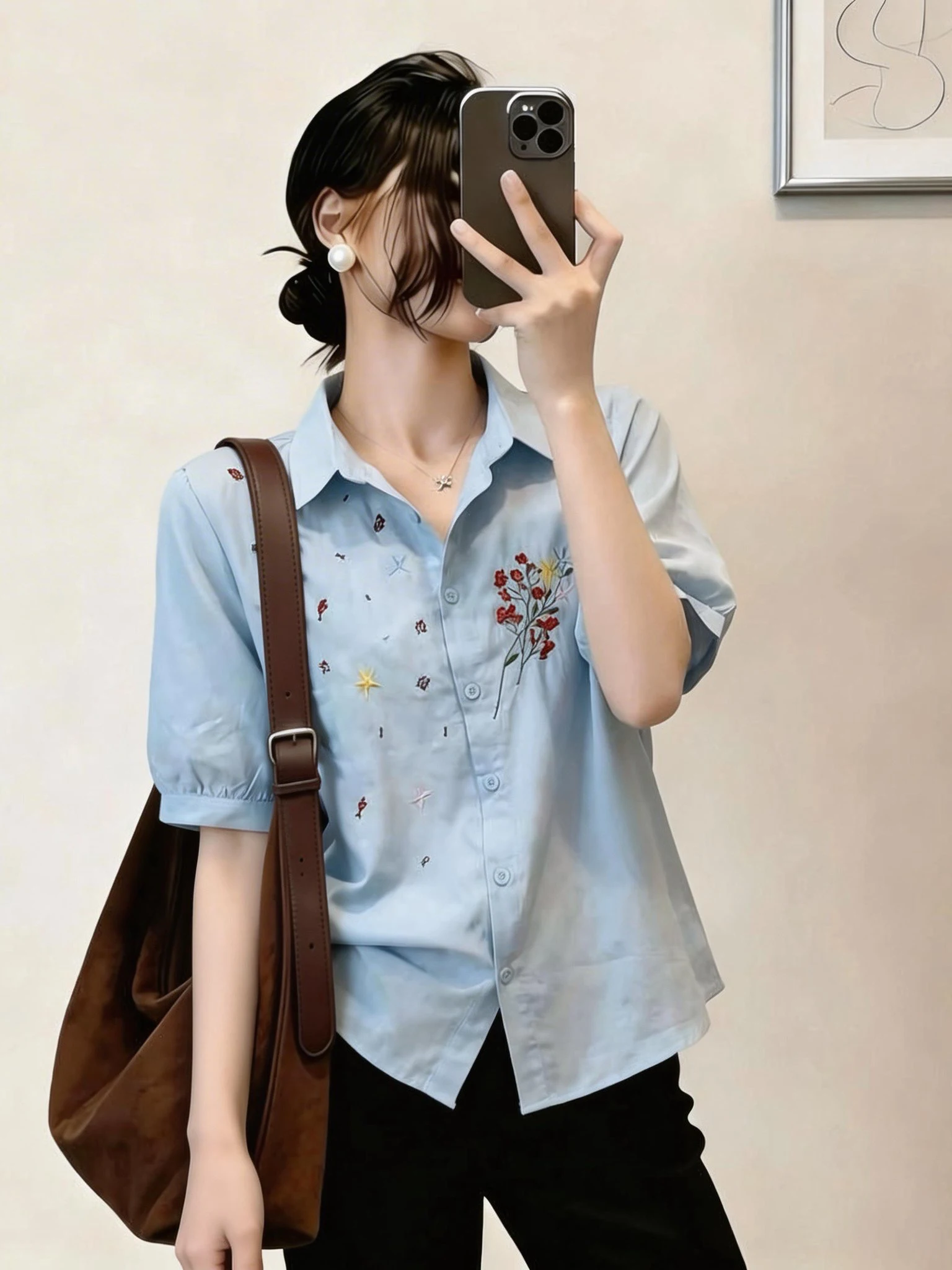 

Light Blue Embroidered V-Neck Short Sleeve Shirt Women's Fashion Spring Summer New Style Loose Fit Korean Style Commute Style