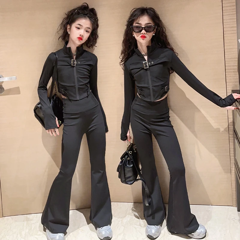 Slim Spring Autumn Sports Suit for Girls Black Zip Jacket Top Long Leg Flares Pants 2Pcs Fashion Teenage Girl Casual Sweatsuit