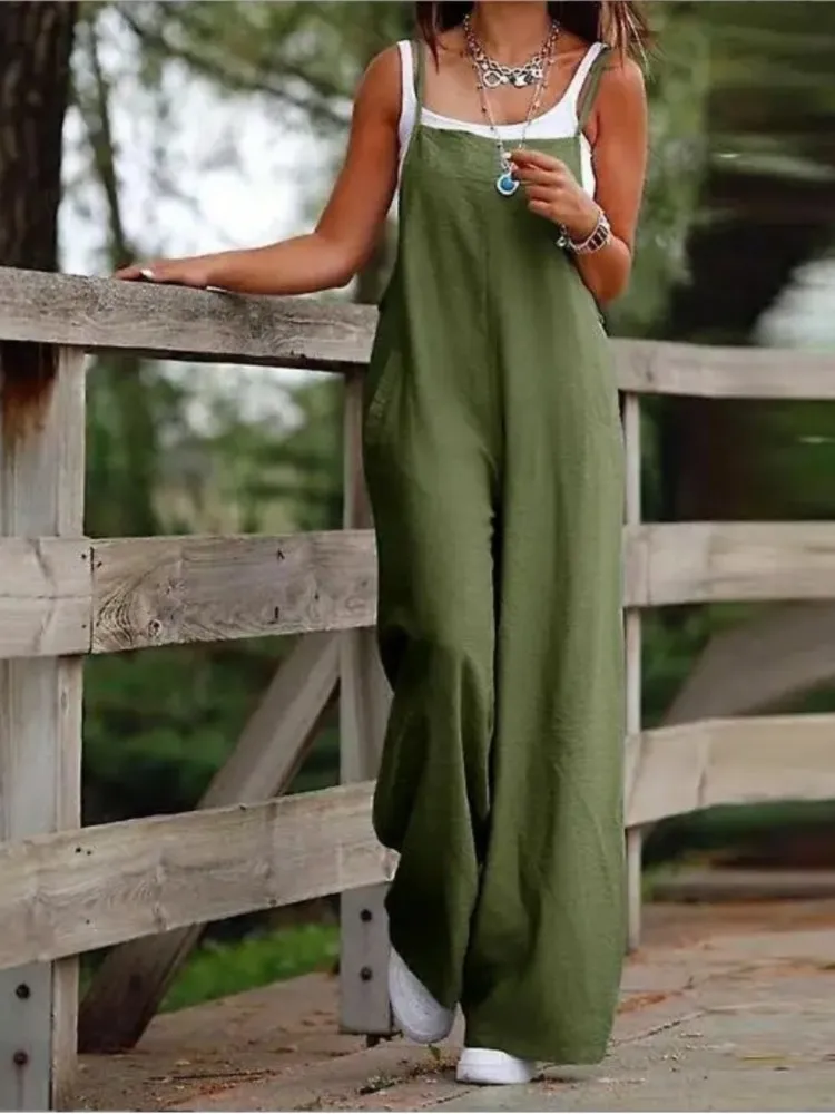 Simple Style Solid Color Spaghetti Strap Jumpsuits Women Fashion Casual Loose Wide Leg Trousers Jumpsuit Female 2025 Summer New