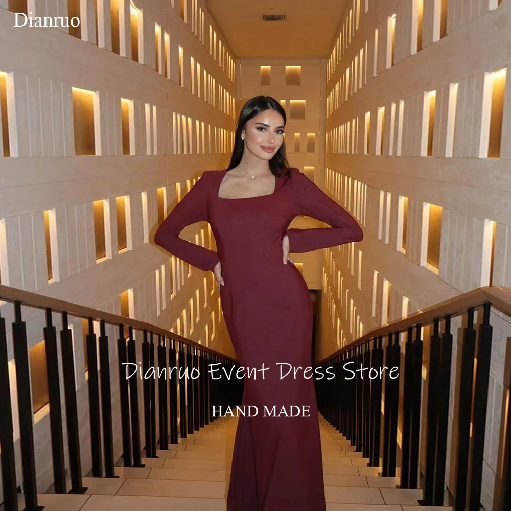 

Dianruo Mermaid Square Collar Evening Dresses Floor Length Burgundy Formal Prom Gowns Elegant Satin Vestidos De Festa Customized