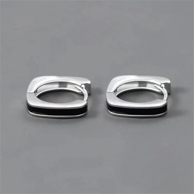 Men Earrings Silver 925 Sterling Jewelry Personality Black Square Hoops Earrings Male Personality Accessories For Boy Gift