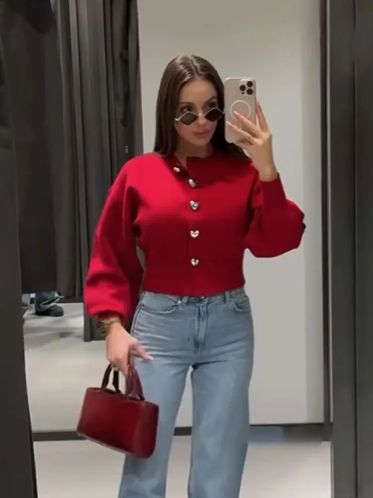 HH Women Fashion Solid Tops Heart-shaped Buttons Cardigans Female Spring Casual Long Sleeve O-Neck Knitting Sweaters Coats