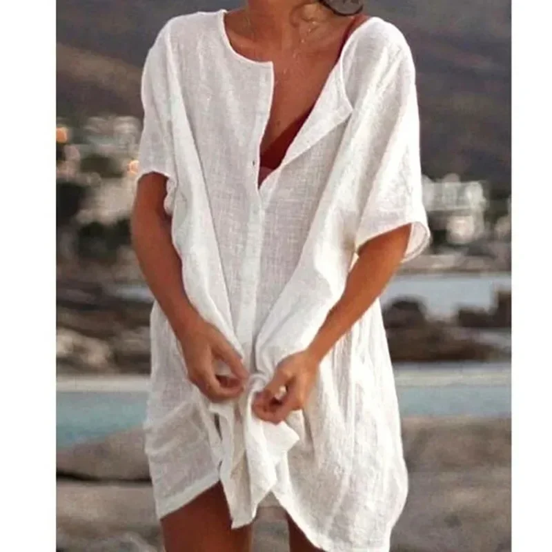 Women\'s Long Short-sleeved Shirt Summer Seaside Holiday Beach Bikini Swimsuit Cover-up Solid Color Casual Loose Button T-shirt