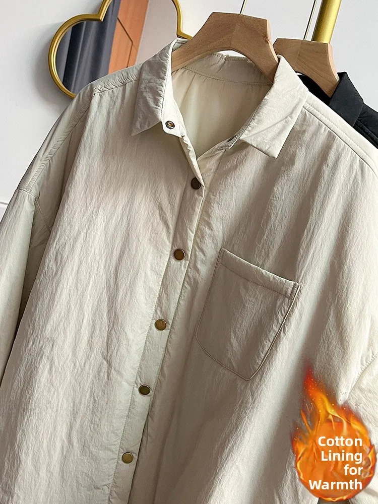 レトロカラー ジャケット スレ レディース アウター ルーズフィット レイヤード 軽量 コットン イルト コート ボタンディテール ロングスリーブ