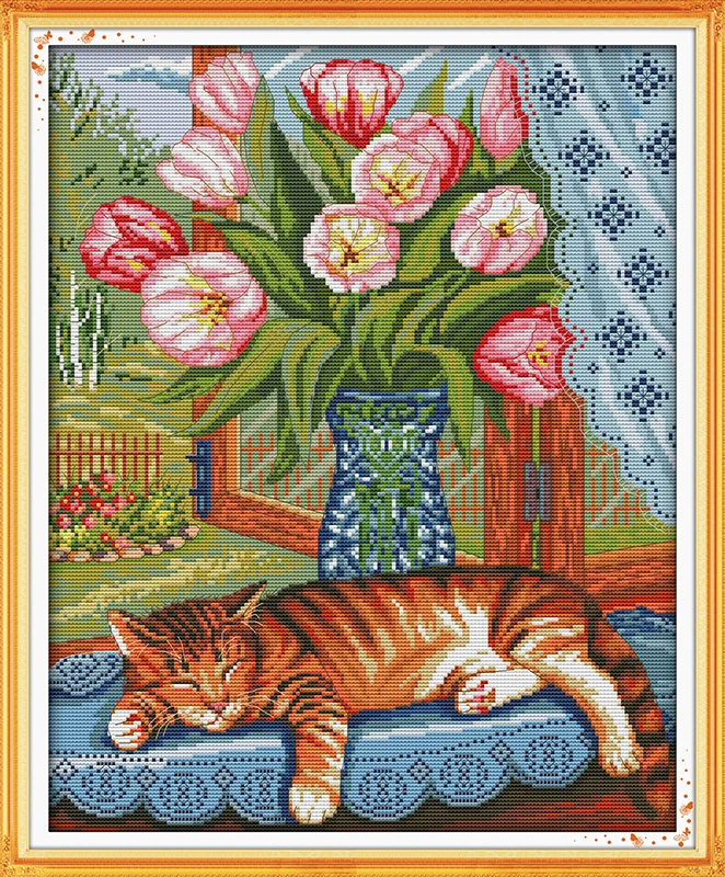 Cross Stitch Complete Set Cat On The Windowsill Stamped Counted Cloth Printed Unprinted Home Decor