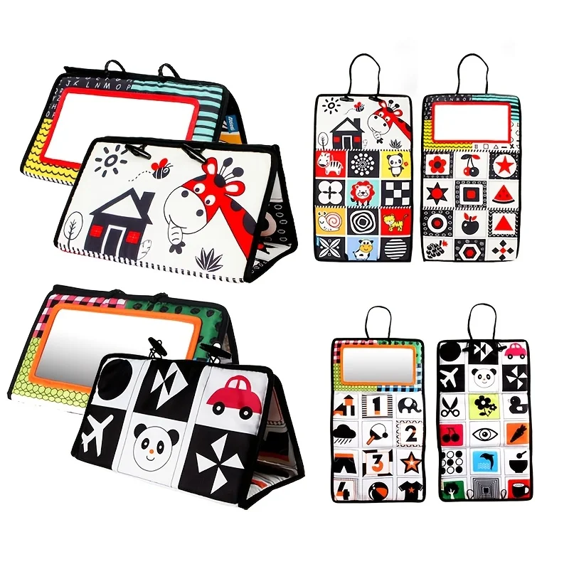 لعبة مرآة عالية التباين قابلة للطي بأشكال ملونة، حيوانات، كتاب ألغاز الفاكهة للشباب للتدريب الحسي باللونين الأبيض والأسود