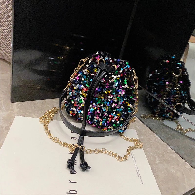 PU Sequined Bucket Shoulder and Hand Bags Soild String Chains Women‘s Bags 2024 Fashion New Style Hot Sale Bolsa Balde Feminina