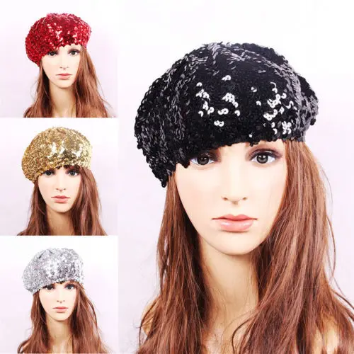 Women Shining Sequins Beret Hat Stretchy Show Caps Beanie Dancer Singer Hats For Fours Seasons