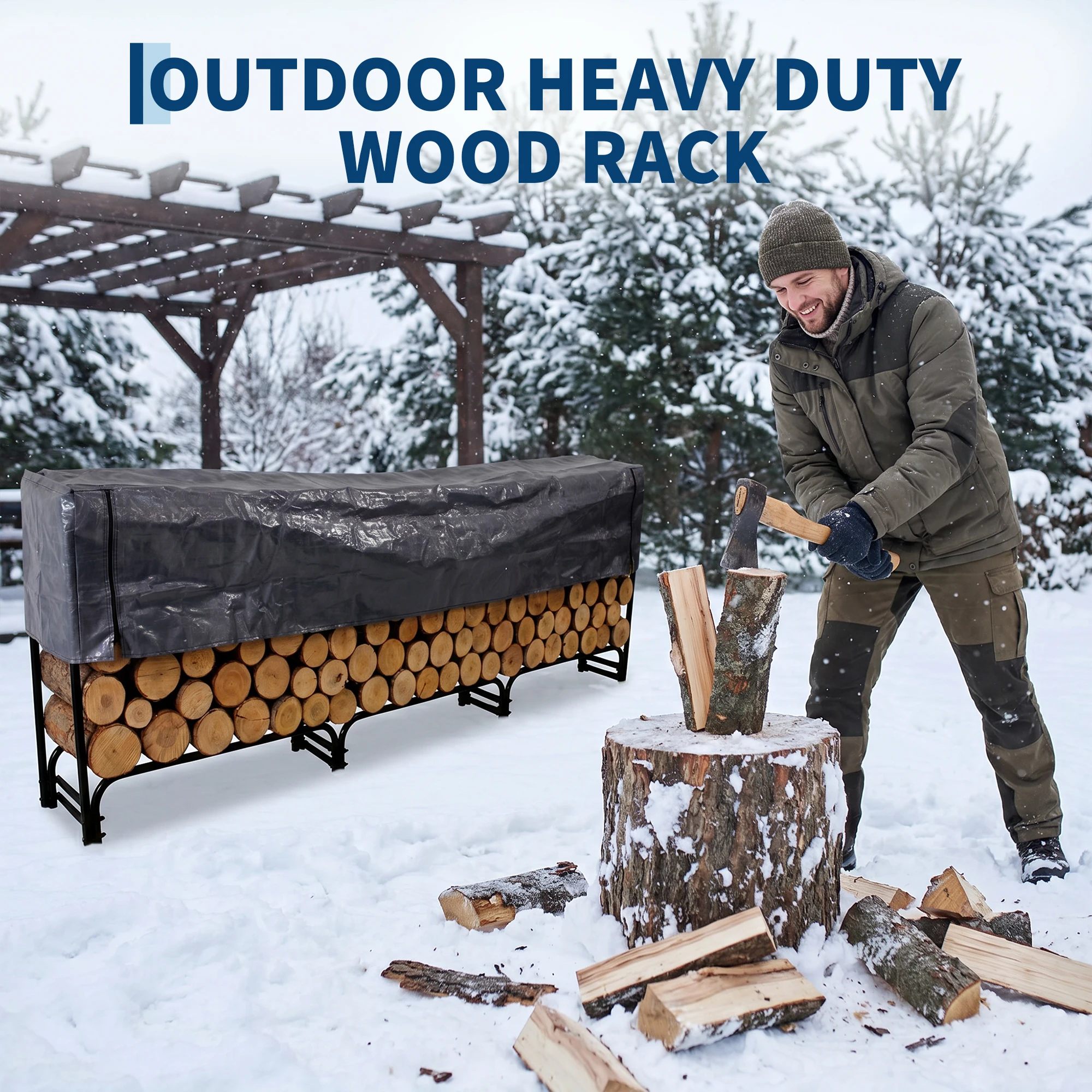 Heavy-duty firewood rack with alloy steel frame and 8 stabilizing legs, stable and holds large loads. Raised design keeps wood dry with airflow underneath,Works indoors and outdoors.
