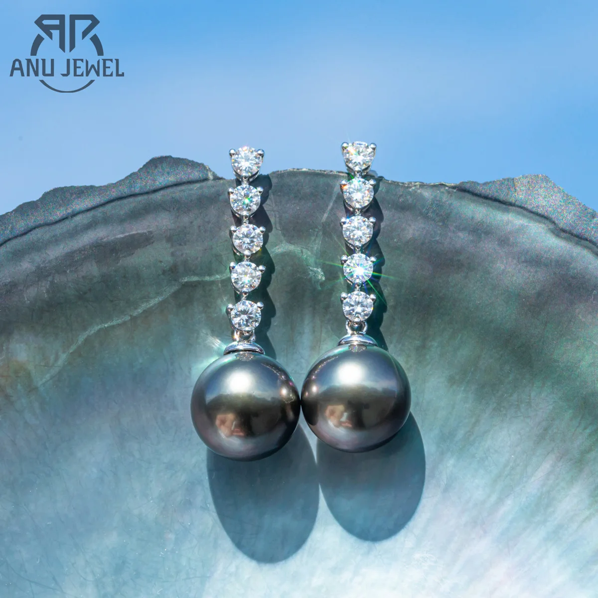 AnuJewel 10K White Gold 10-11mm High Luster Natural Tahitian Black Pearl Moissanite Diamond Earrings Fine Jewelry Wholesale