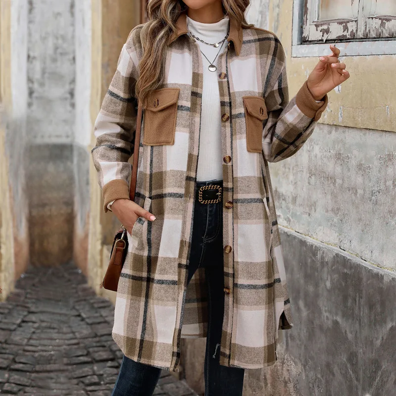 

2024 new fall/winter women's fashion ground wool long plaid shirt coat