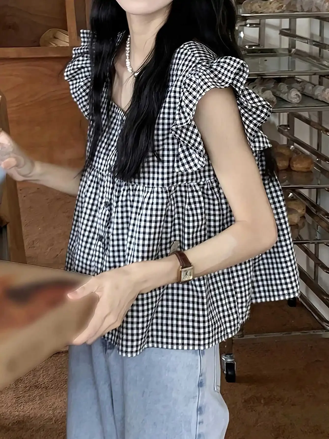 

Plaid Square Collar Short Sleeve Shirts Women Summer 2024 New Design Sense Small Flng Sleeve Doll Shirt Short Top Q69