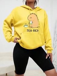 Tea-Rex Yellow Dinosaur Making Tea Printed Hoodie Women Cartoon Fashion Hoody Casual Pocket Streetwear Comfortable Pullover