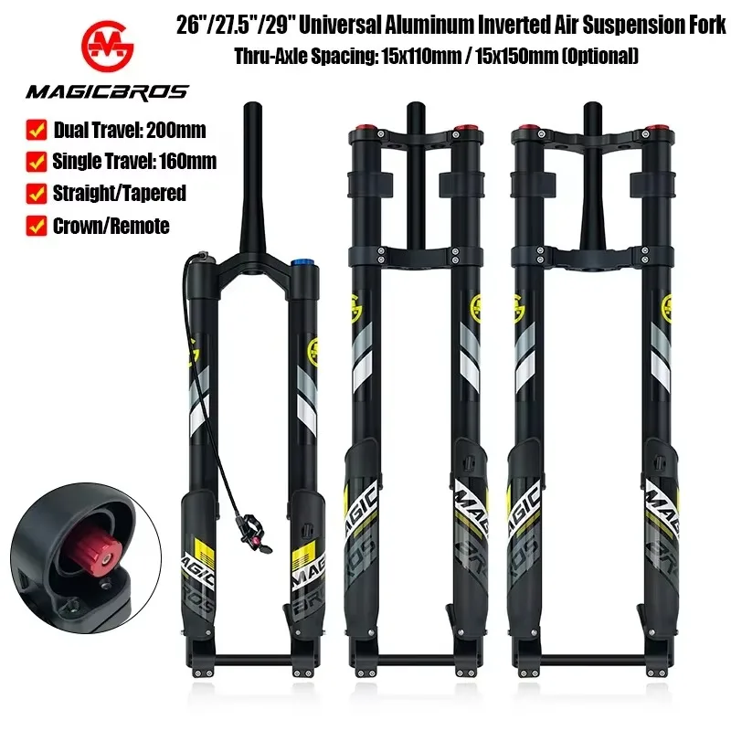 MAGICBROS Aluminum Inverted Air Fork 26/27.5/29" 15x110/15x150mm Thru Axle 160/200mm Travel MTB Front Fork