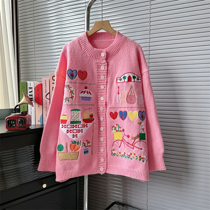 OCEANLOVE Japan Style Embroidered Women Sweaters Cartoon Vintage Thick Warm Cardigans Ins Kawaii Sweet Sueter De Mujer