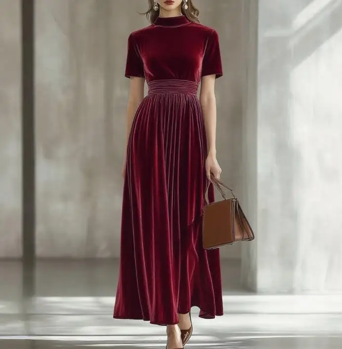 

Women's Dress Summer New Elegant Fashionable Gorgeous High-End Velvet Texture Waist Cinched A-Line Short Sleeved Party Dress
