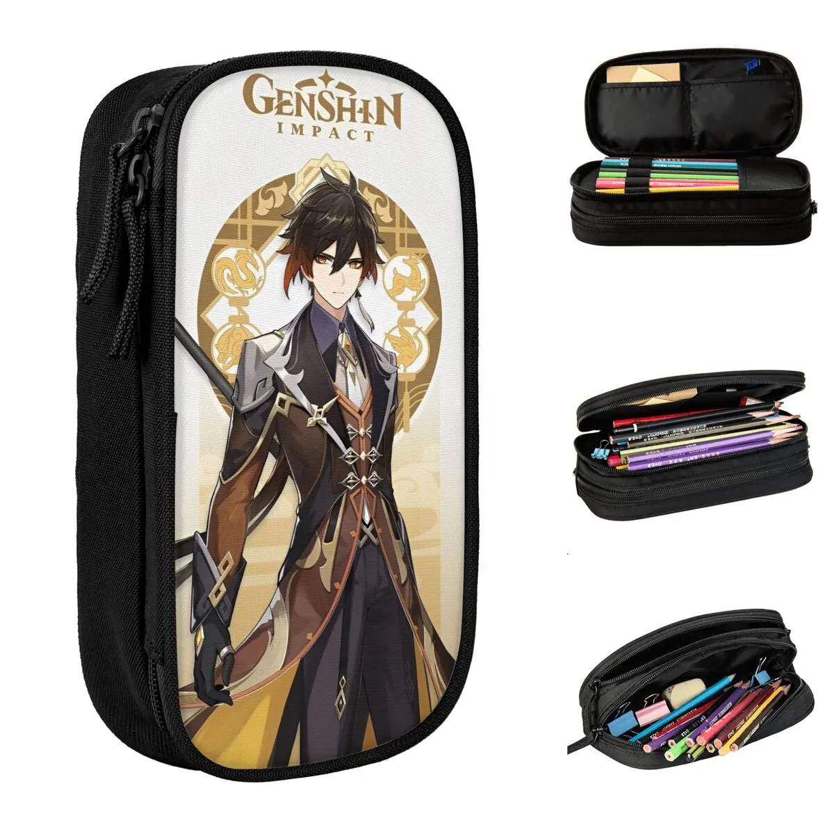 Genshin Impact Zhongli Pencil Case Cute Anime Game Cartoon Pen Holder Bag Girls Boys Big Capacity Students School Pencil Pouch