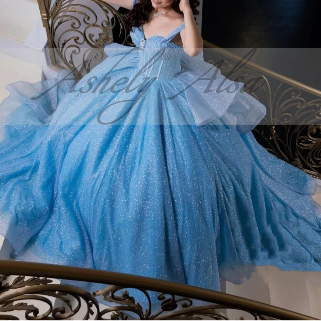 Customized Sky Blue Quinceanera Ballgown Dresses Off Shoulder Crystal Sweep Train Women Prom Birthday Party Occasion Dress 15 16