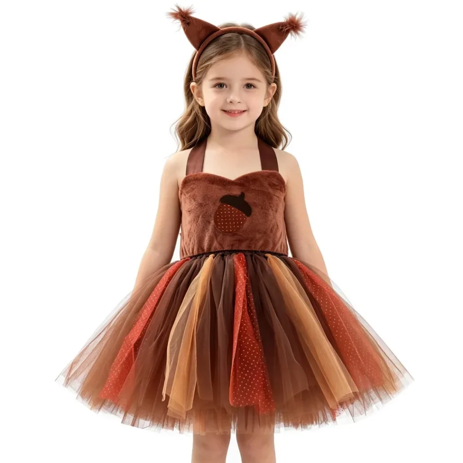 Girls Squirrel Acorn Tutu Dress Brown Plush Tulle Skirt With Squirrel Ear Headband Kids Halloween Cosplay Party Fancy Dress ZZ12