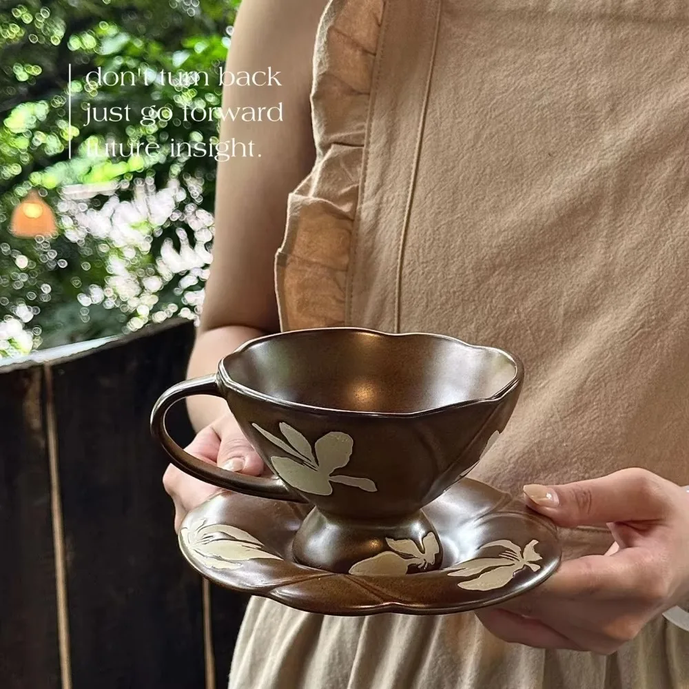Vintage Floral Ceramic Coffee Cup and Saucer with Petal Edge Embossed Retro Tea Drinkware for Elegant Kitchen Table Decor Gift
