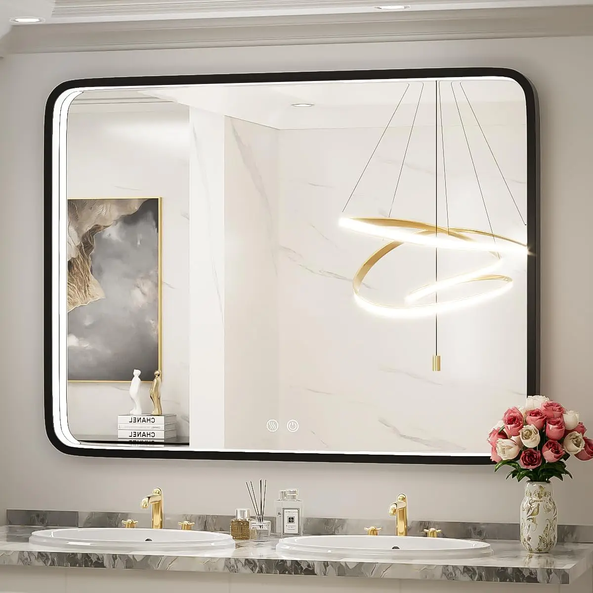 

40X30 Inch Black Bathroom Mirror with LED Lights,Metal Frame Lighted Vanity Mirror,Anti Fog Design&Dimmable&Touch Switch,