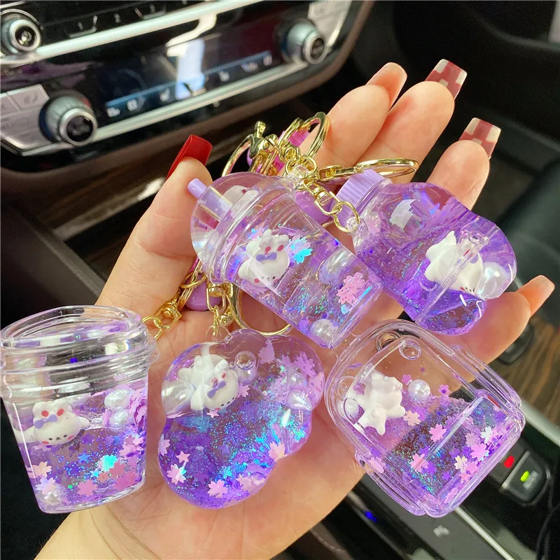 3pcs Cartoon Lying Rabbit Yogurt Box Bottle Liquid Keychain Cute Into Oil Floating Pearl Bunny Cloud Quicksand Bottle Key Chain