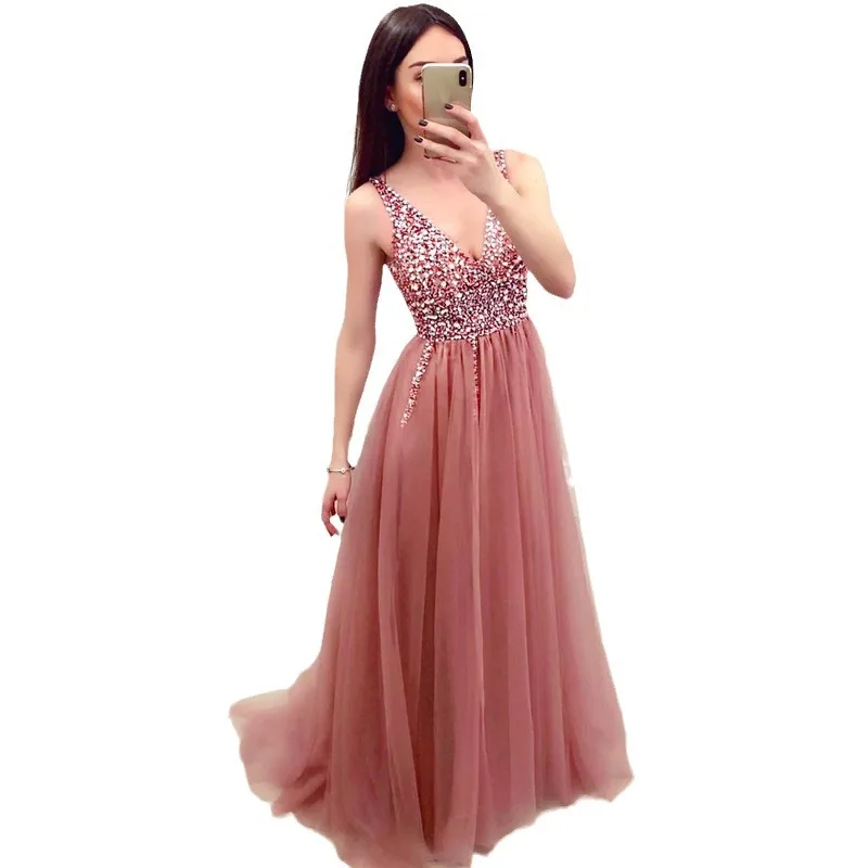 2024 nuevo Sexy Deep V Ne Splice Dr tela de poliéster cintura media una línea falda No Sve boda Dr vestido de noche