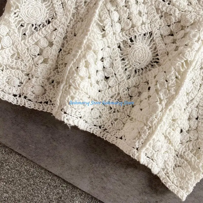 573B Women Crochet Sleeveless Crop for Tank Top Retro Knit Plaid Square Neck Sweater