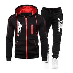 Autumn Winter Popular Mens Tracksuit Zipper Hooded Jacket+Running Pants 2 Piece Set Fast and Furious Print Casual Coat Clothing