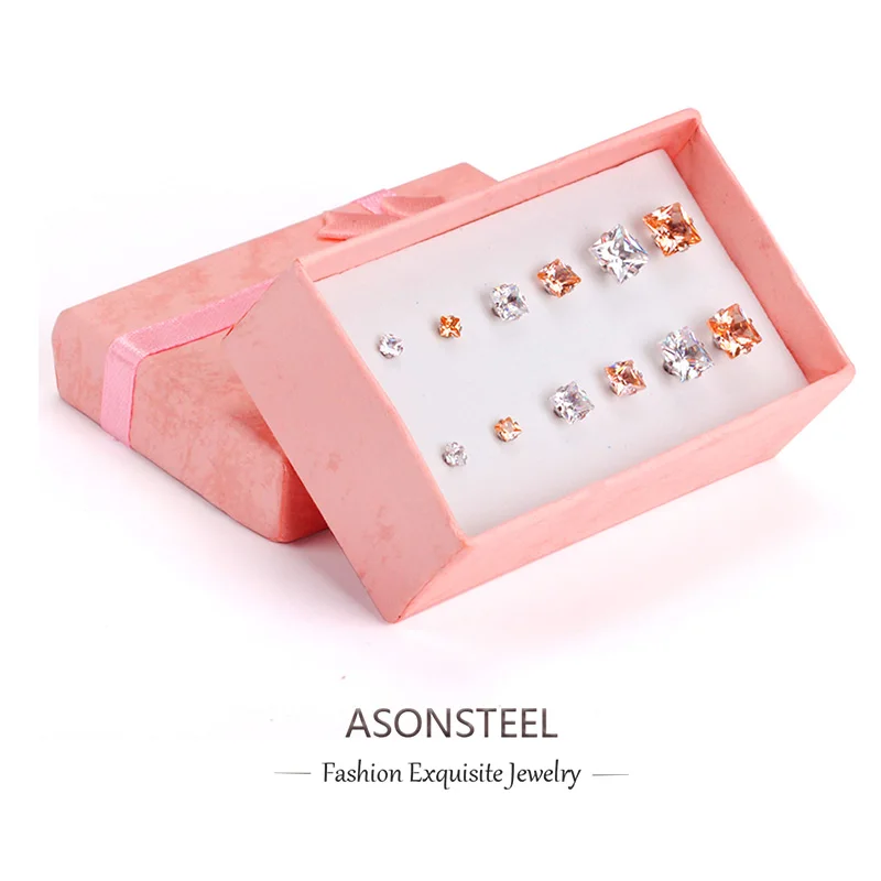 ASONSTEEL Mixed Color Square Cubic Zirconia Stud Earrings Sets Gold Color Stainless Steel For Women Girl Jewelry Classic Style