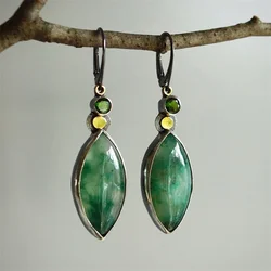 Vintage Metal Leaf Earrings Classic Silver Color Inlaid with Green Stone Black Hook Dangle Earrings for Women