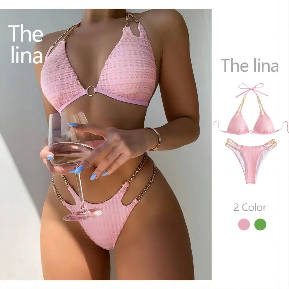 

2024 Bikini New Sexy Chain Swimsuit Summer Strappy Backless Split Beach Swimsuit Side Halter Tie Women Solid Color Beachwear